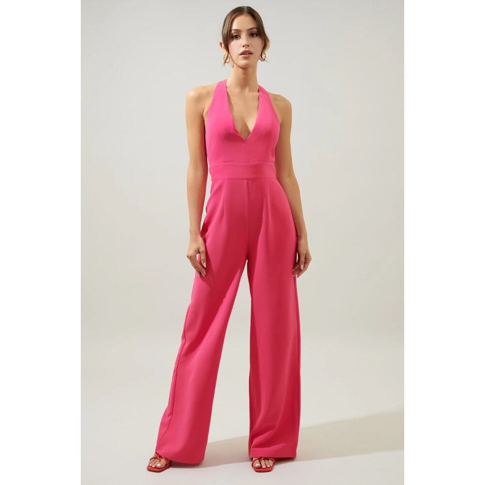 Skies Are Blue Womens Wide Leg Jumpsuit Size Medium‎ Hot Pink Halter Neck Barbie